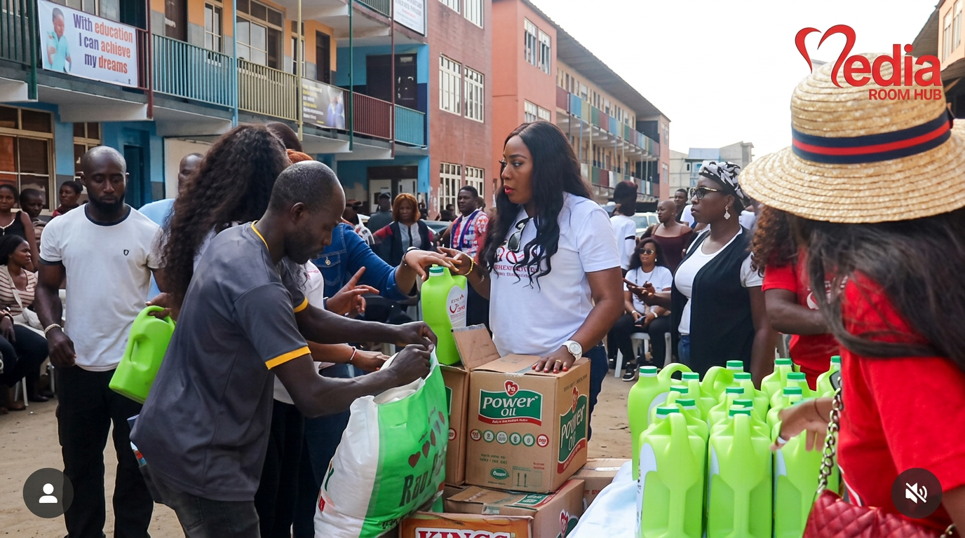Volunteers preparing household supplies for distribution outdoors