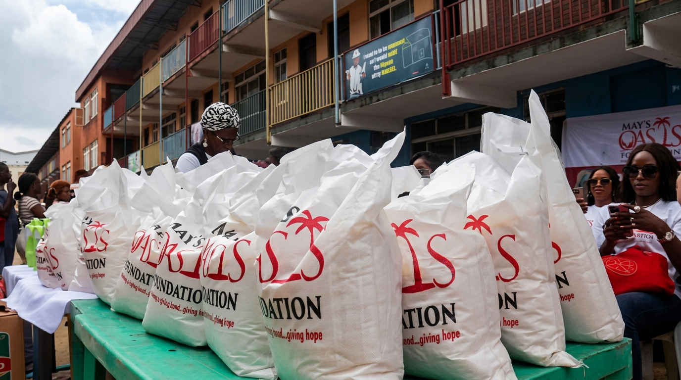 Foundation-branded supply bags arranged for a community distribution
