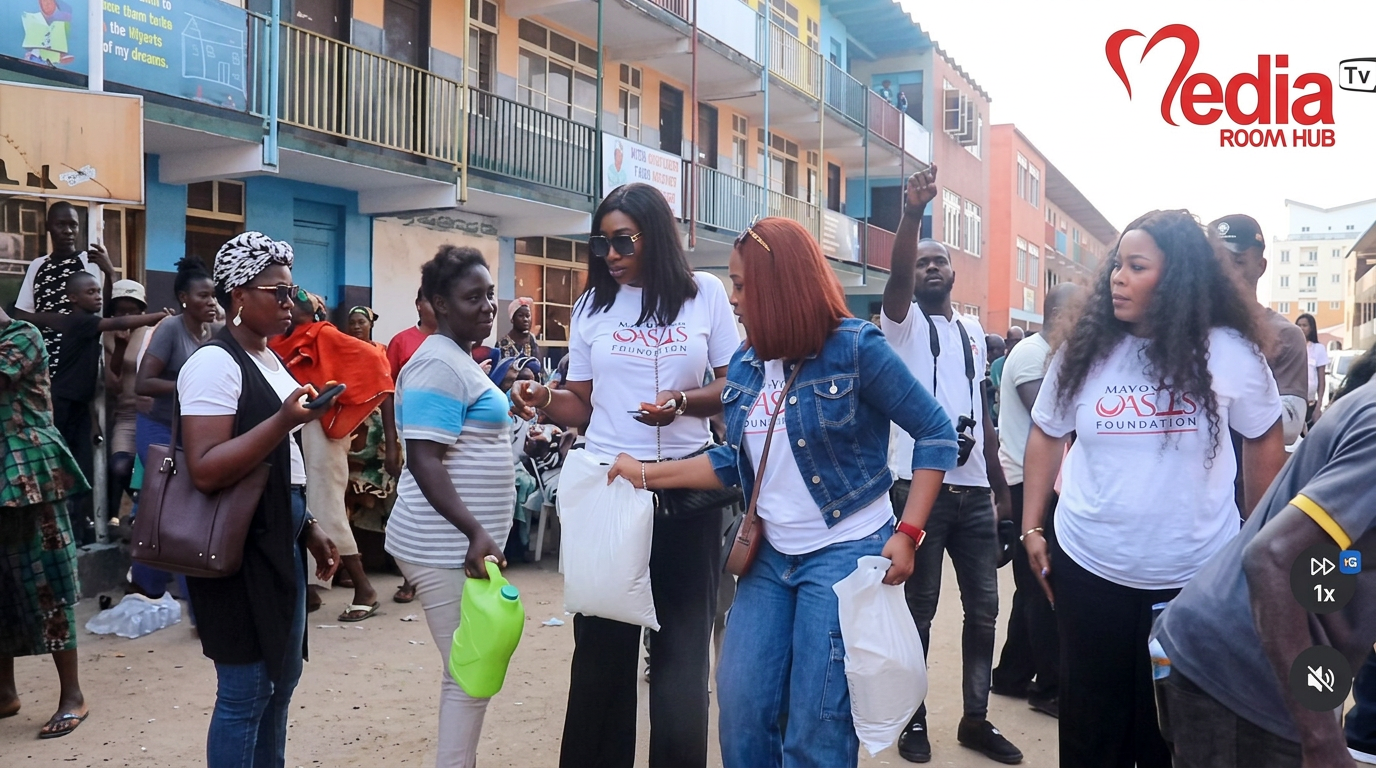 Foundation volunteers distributing packaged supplies during a community outreach